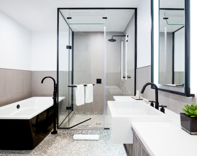 Modern bathroom with tub, shower, and dual sinks.