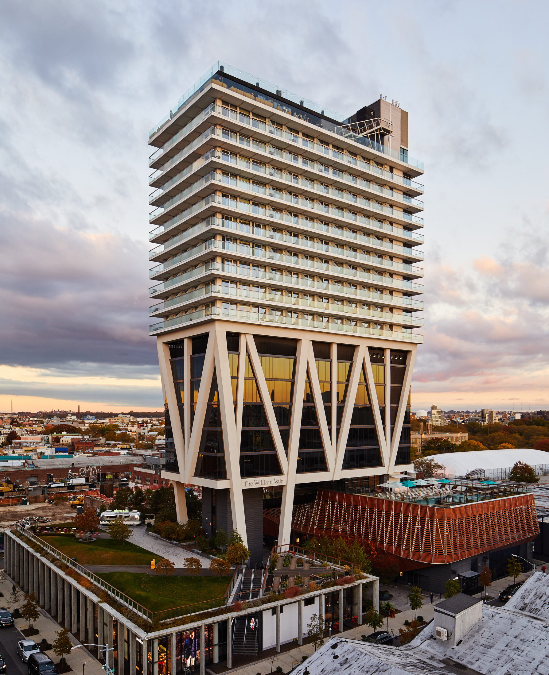 The William Vale hotel exterior at sunset.