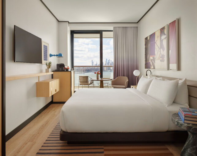 Modern hotel room with city view