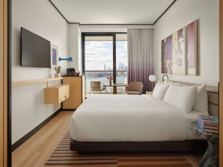 Modern hotel room with city view
