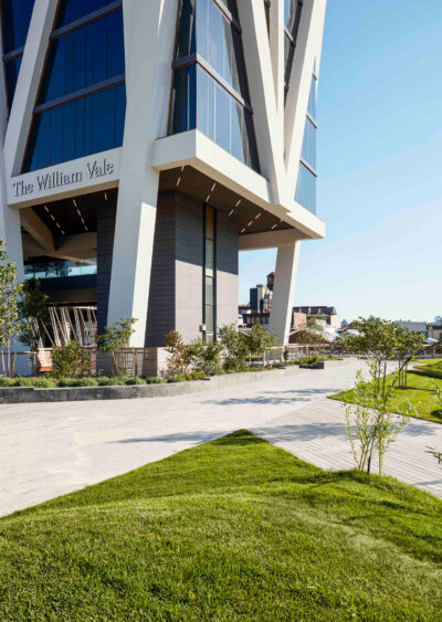 The William Vale entrance beside silver Airstream trailer.