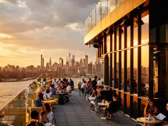 Rooftop restaurant with people dining at sunset skyline view.