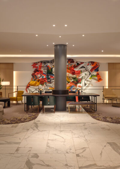 Modern lobby with colorful artwork