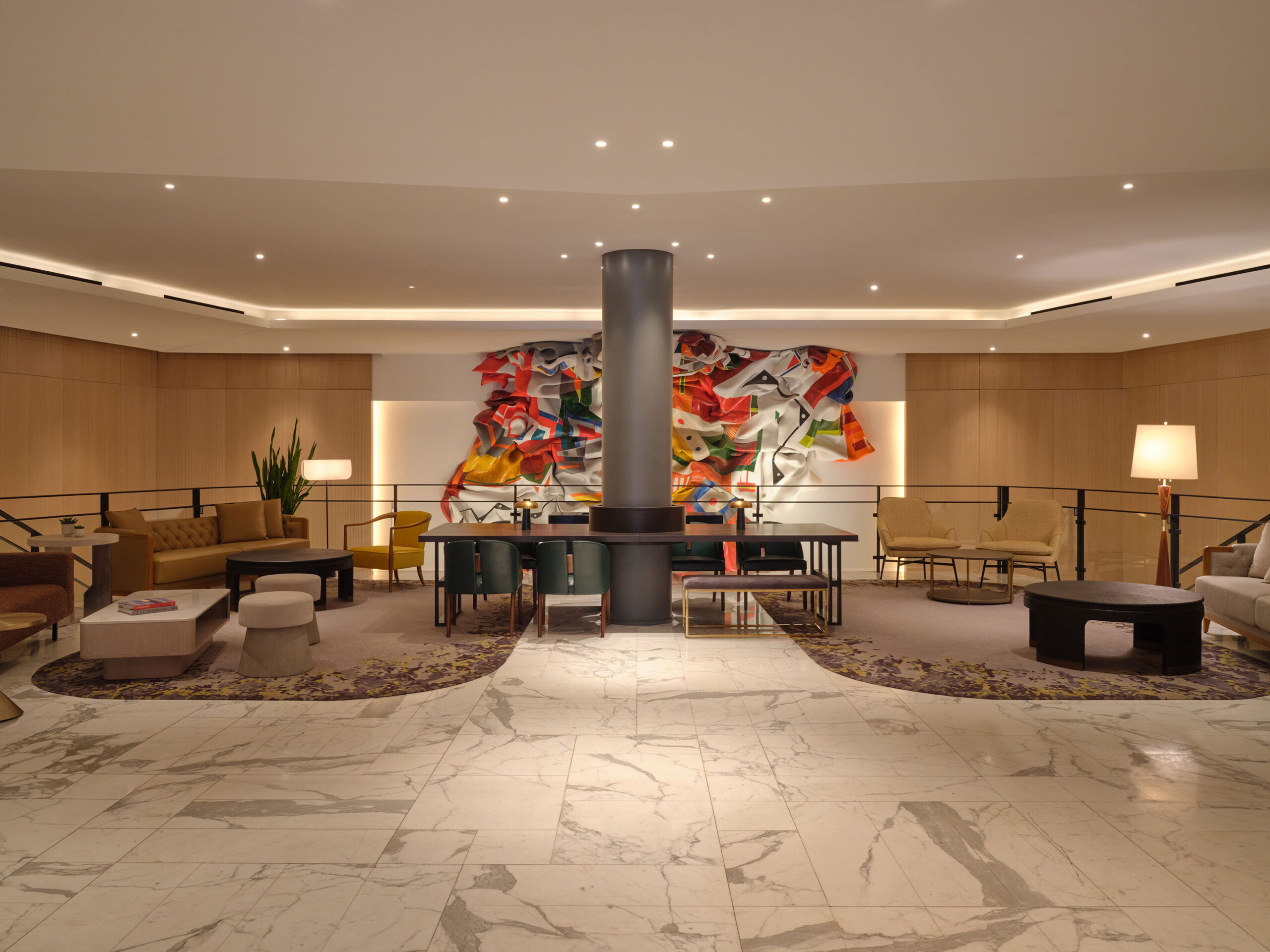 Modern lobby with colorful artwork