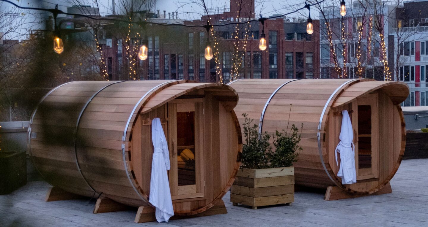 Wooden saunas on a rooftop terrace