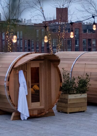 Wooden saunas on a rooftop terrace