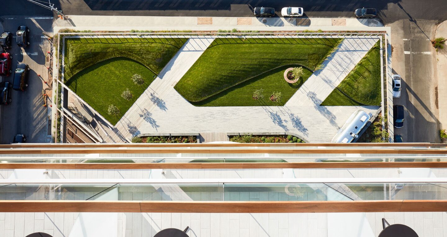 Aerial view of landscaped urban park.