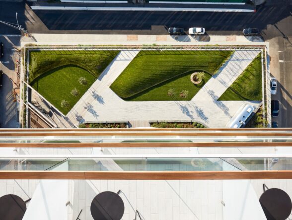 Aerial view of landscaped urban park.