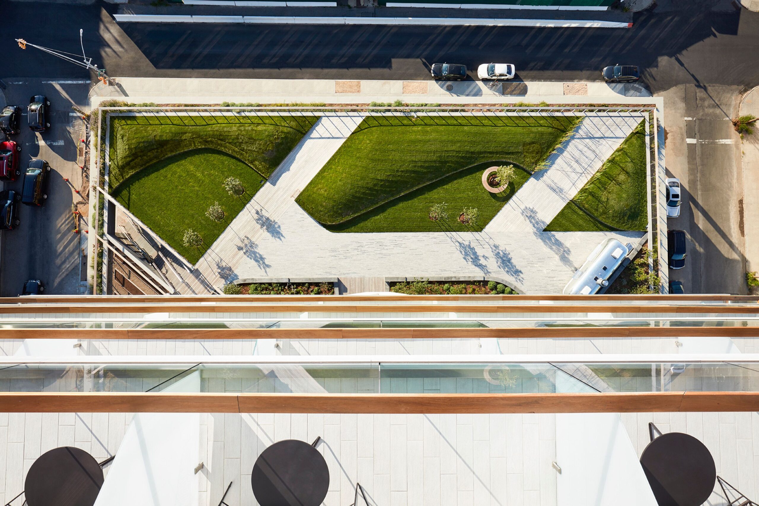 Aerial view of landscaped urban park.