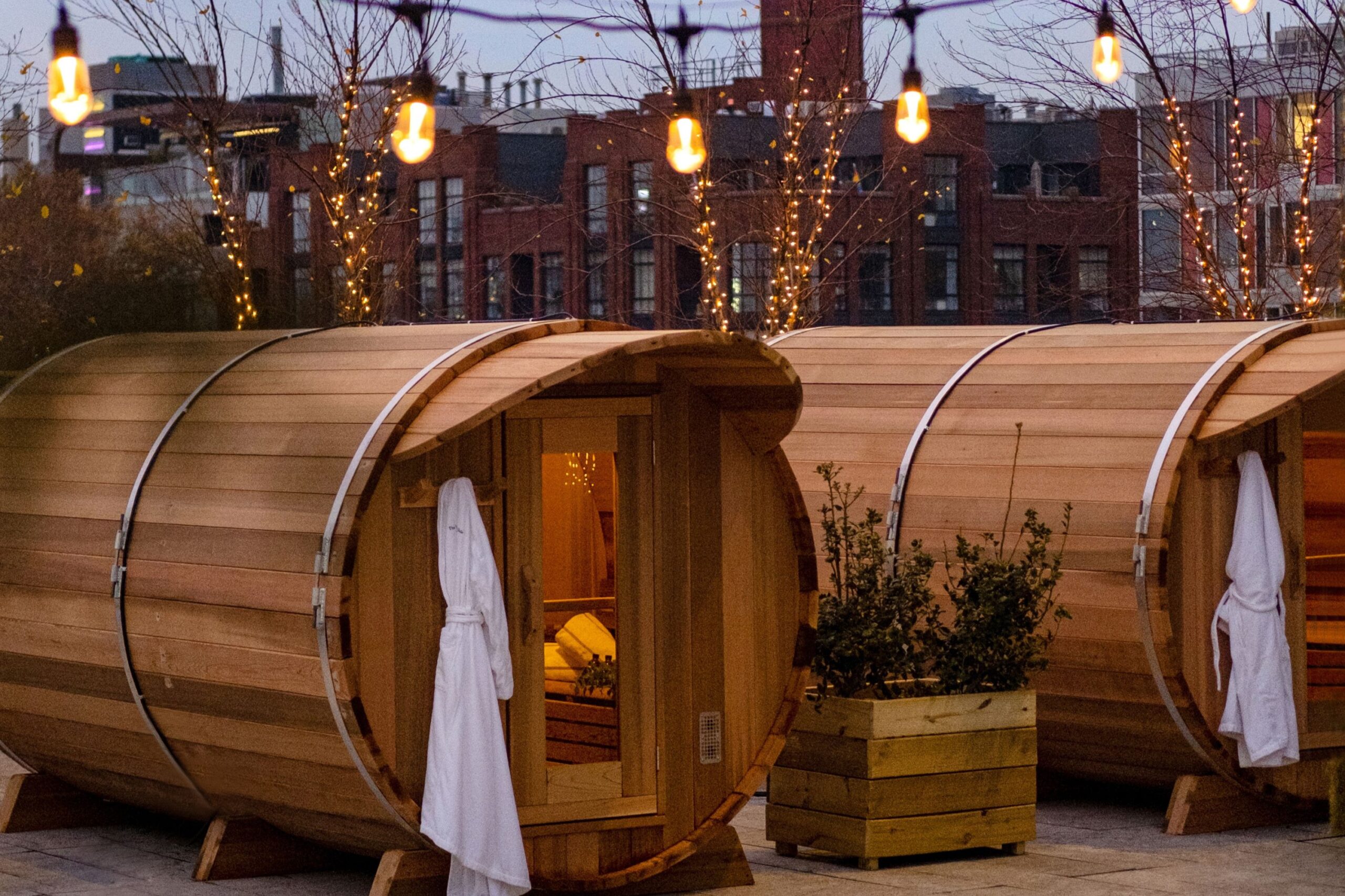Wooden saunas with city backdrop at dusk