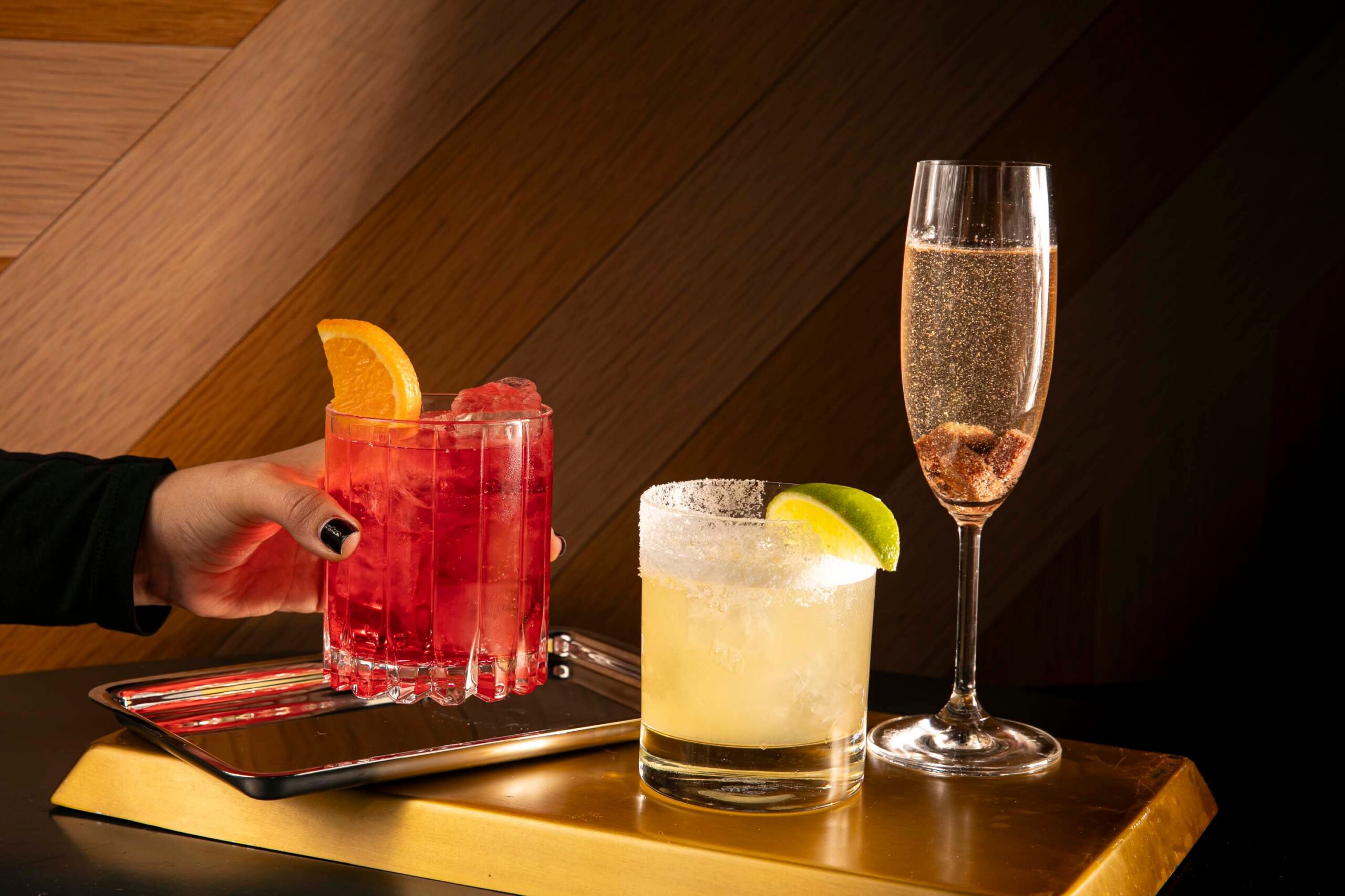 Three spirit-free cocktails sit on a table at Westlight.