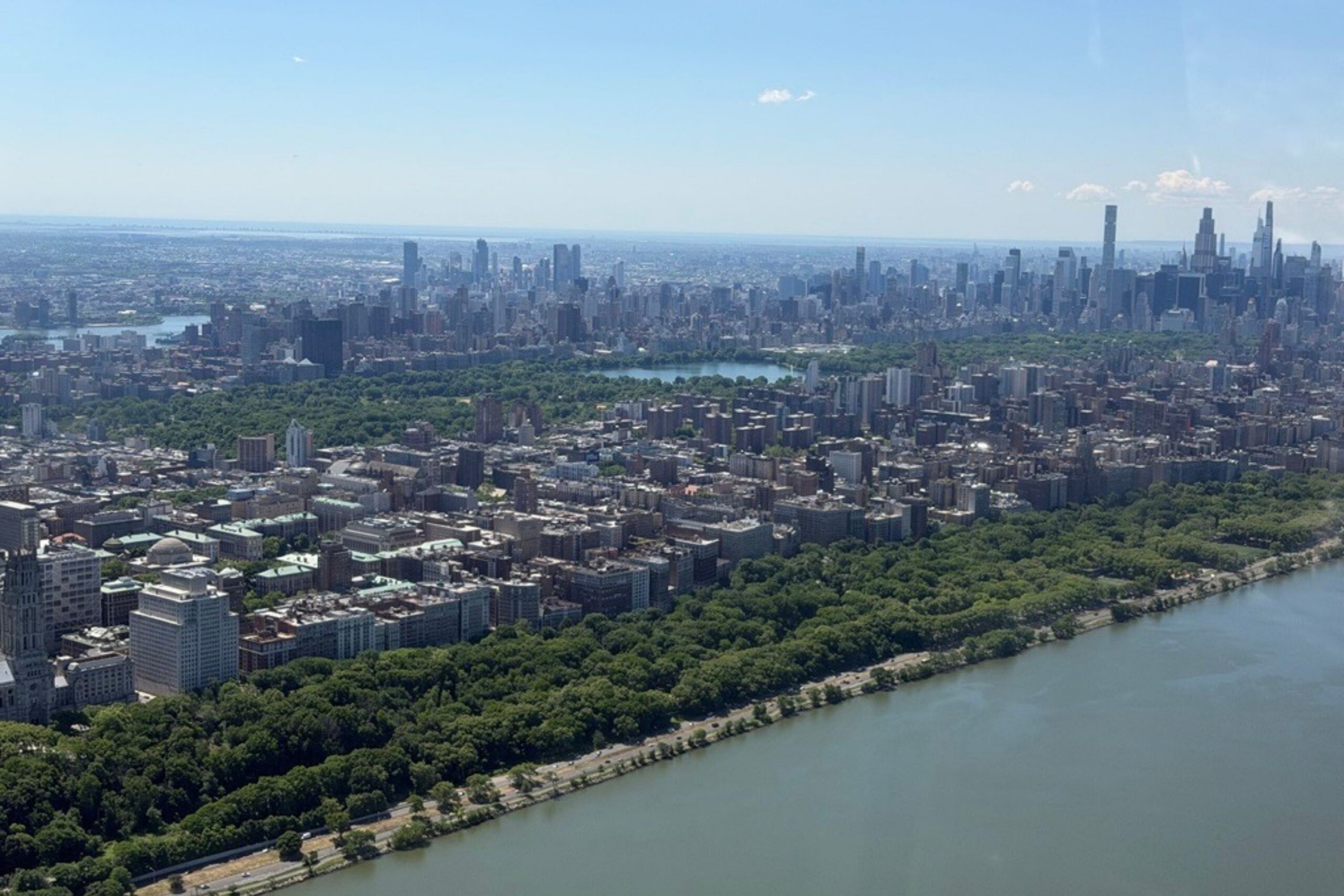 View of NYC from river in helicopter