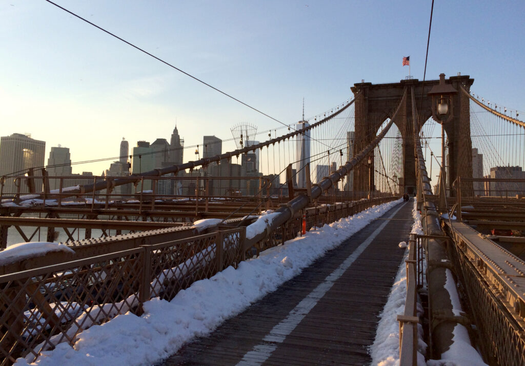 brooklyn bridge covered in snow